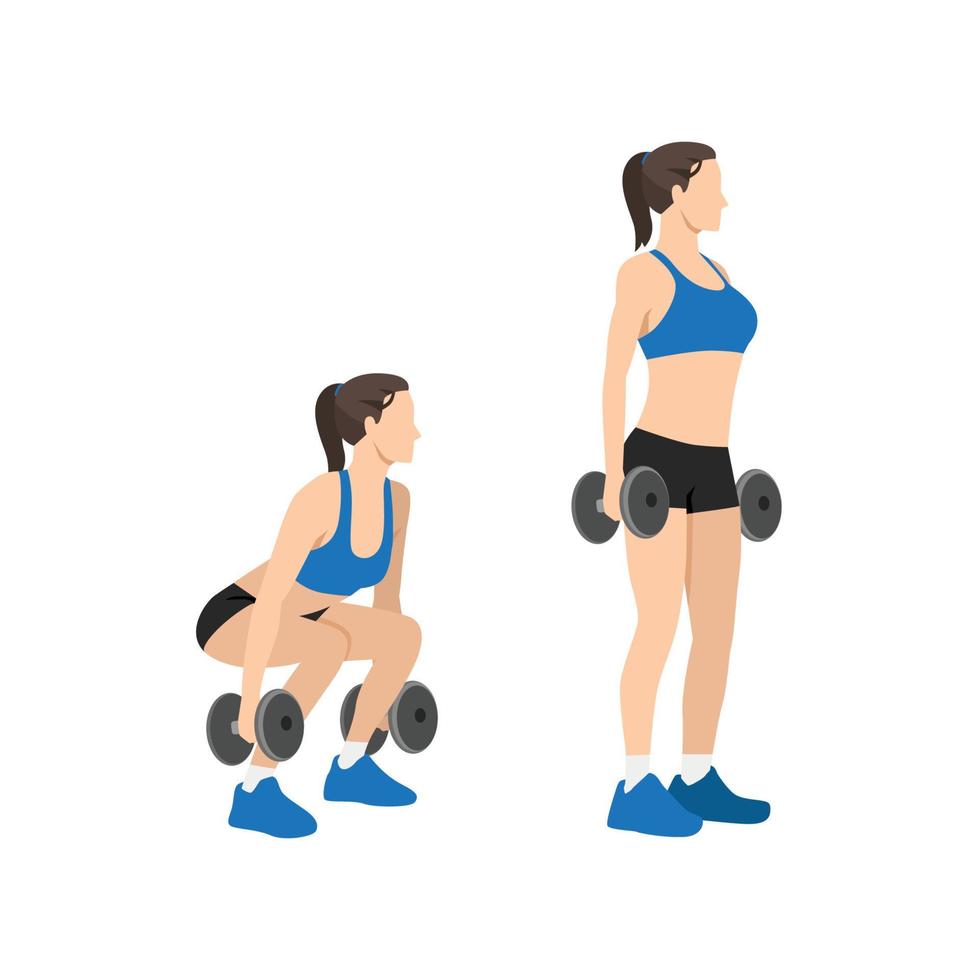 Woman doing Dumbbell squats exercise. Flat vector illustration isolated on white background