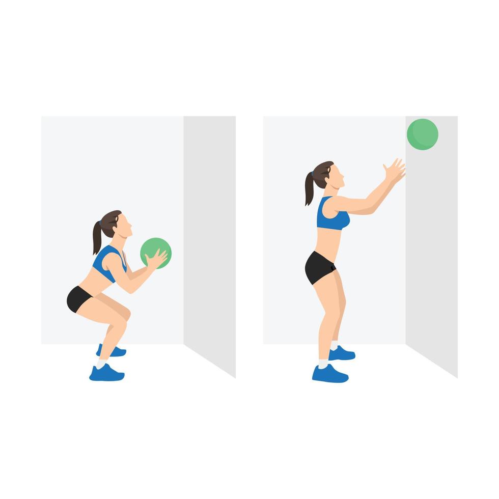Woman doing Medicine ball throw exercise. Flat vector illustration isolated on white background. workout character set