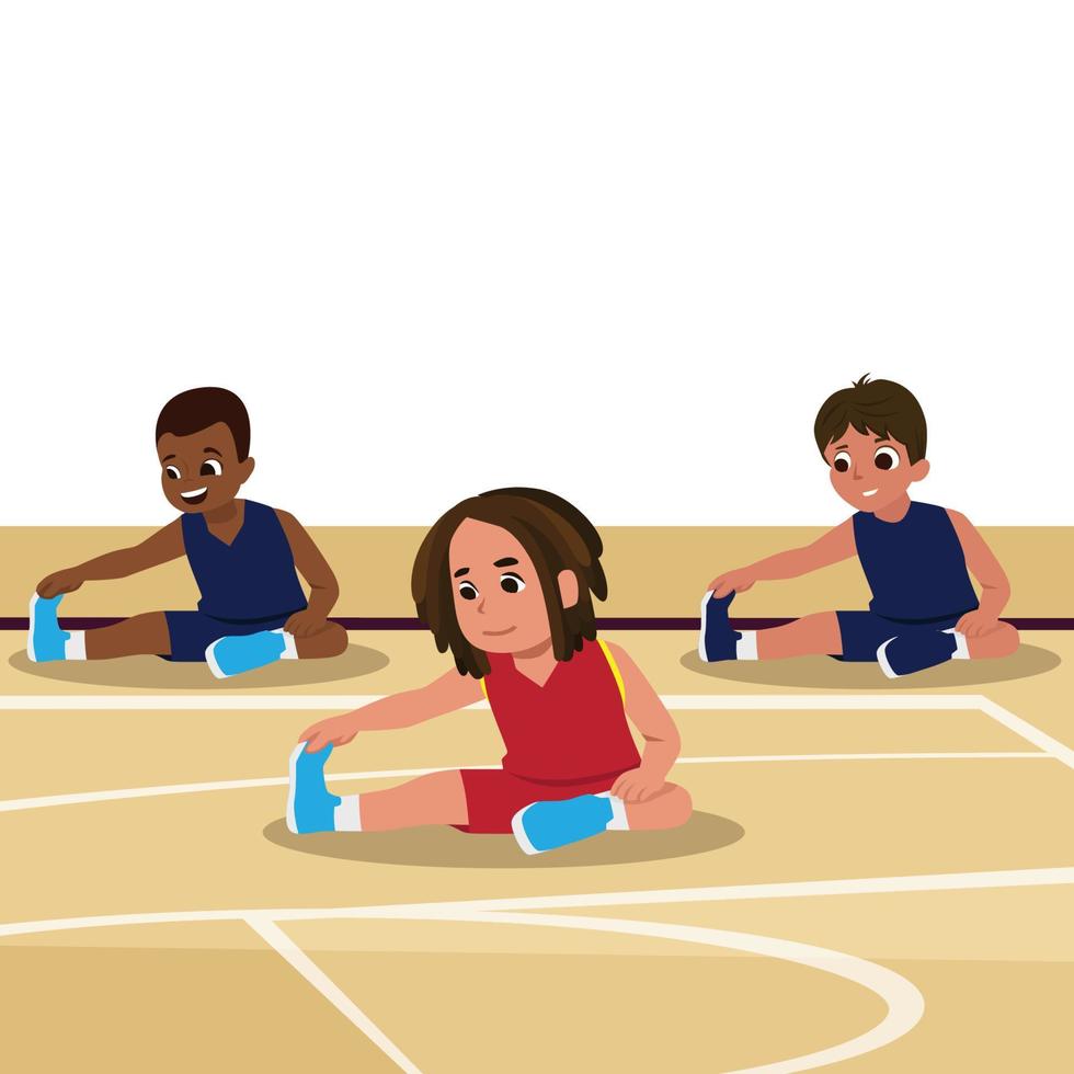ilustración de niños en un campamento de baloncesto. estirando su pierna derecha durante el ejercicio vector