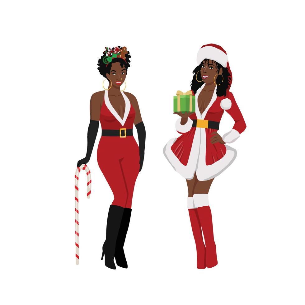 Two women with Santa costume holding candy and presents posing flat vector  illustration isolated on white background 8635604 Vector Art at Vecteezy