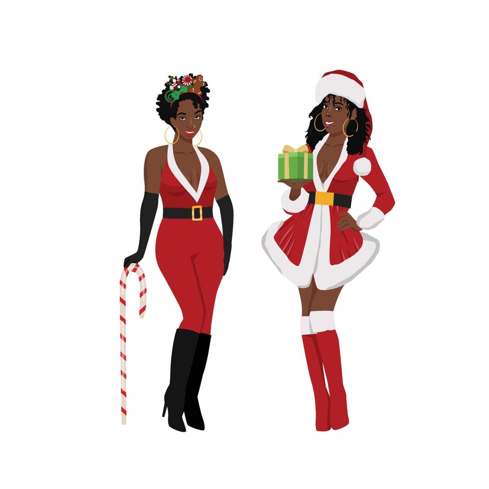 Two women with Santa costume holding candy and presents posing flat vector illustration isolated on white background