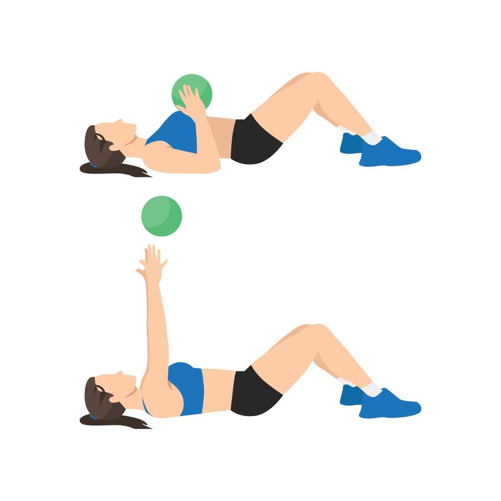 Woman doing Medicine ball floor press. Laying chest passes exercise. Flat vector illustration isolated on white background