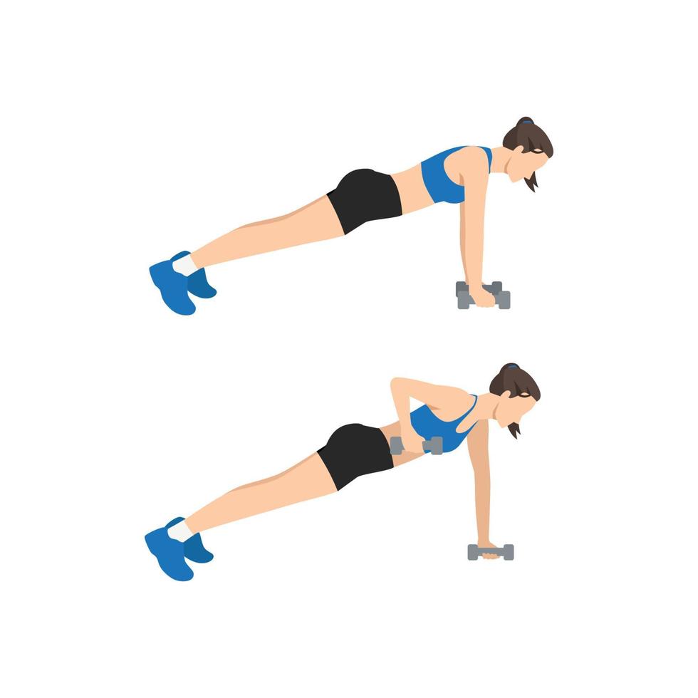 Woman doing Plank and Row or Renegade row exercise. Flat vector illustration isolated on white background