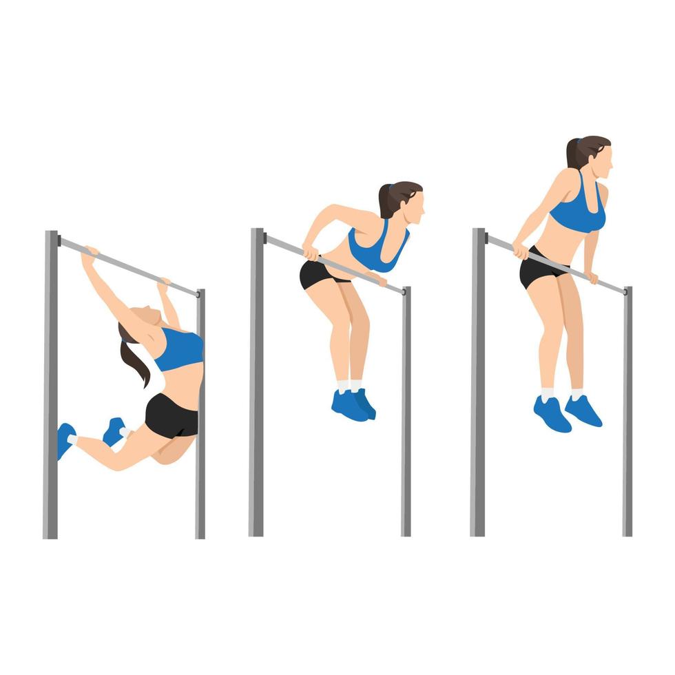 Woman doing Muscle up on bar calisthenics movement vector