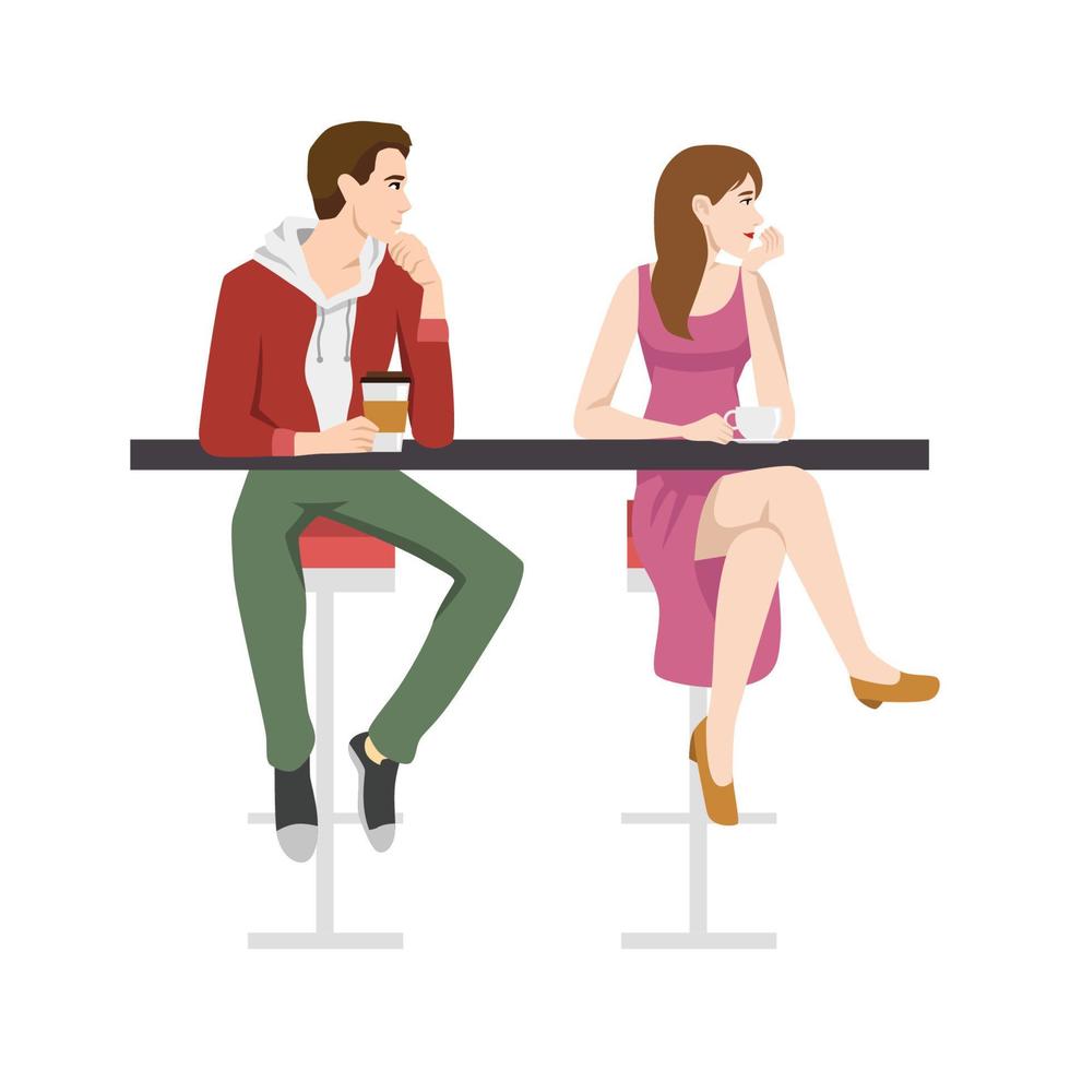 A guy and a girl are sitting in a cafe, drinking coffee and talking. Man and woman in a cafe. First date. Meeting of friends. Shy looking side vector