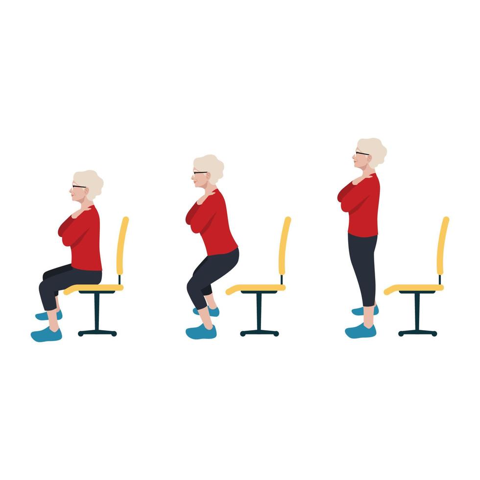 la anciana se sienta para hacer ejercicio. una vez de pie, levante la cabeza para mirar hacia adelante y tire de los hombros hacia abajo y hacia atrás. baje lentamente hasta sentarse. vector