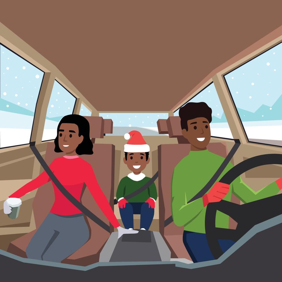 familia conduciendo a un viaje por carretera. vista desde el interior del auto con el padre, la madre y su hijo sentados felizmente con el cinturón de seguridad puesto en un día de navidad vector