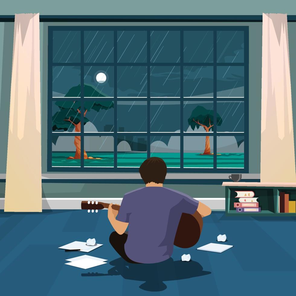 escritor musical tocando la guitarra desde atrás. mirando una ventana en una ilustración de vector plano de noche brillante