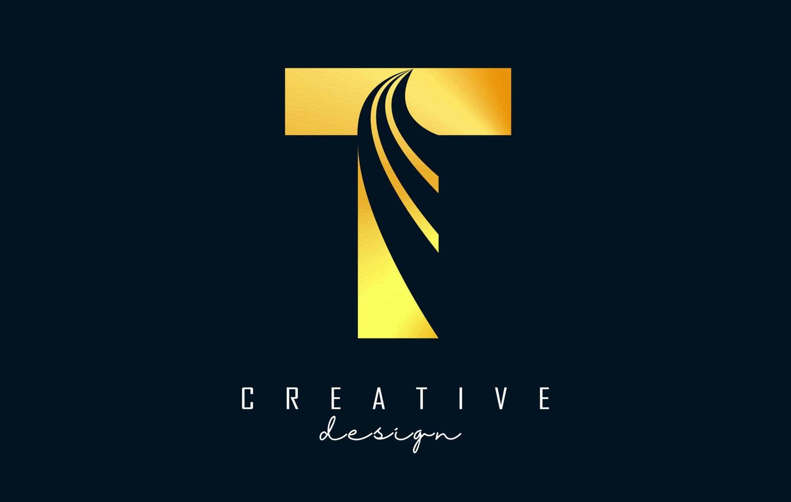 logotipo creativo de la letra dorada t con líneas principales y diseño de concepto de carretera. letra t con diseño geométrico. vector