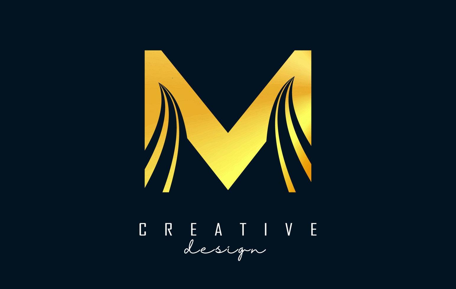 Creative golden letter M logo with leading lines and road concept design. Letter M with geometric design. vector