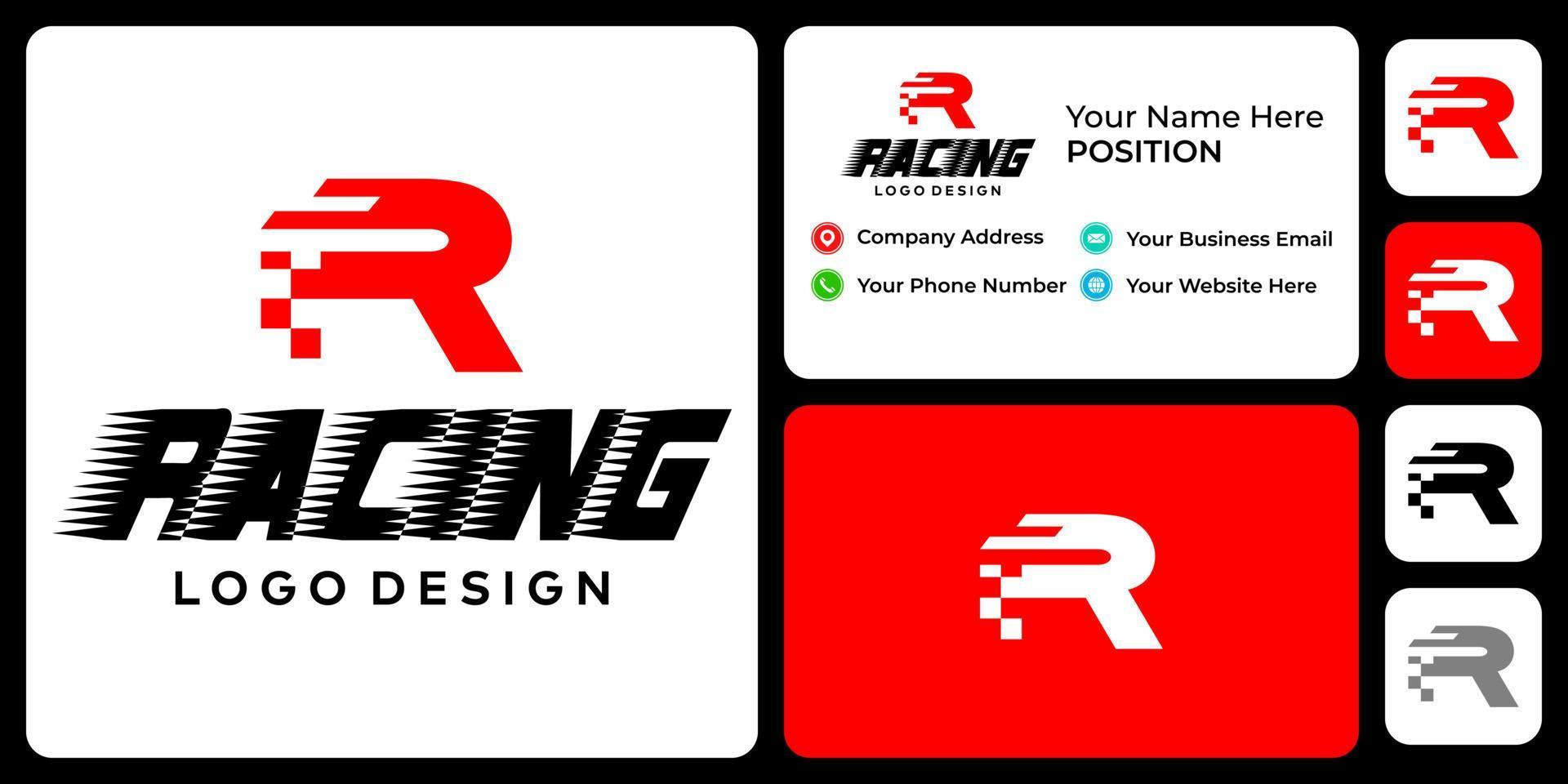 Letter R monogram racing logo design with business card template. vector