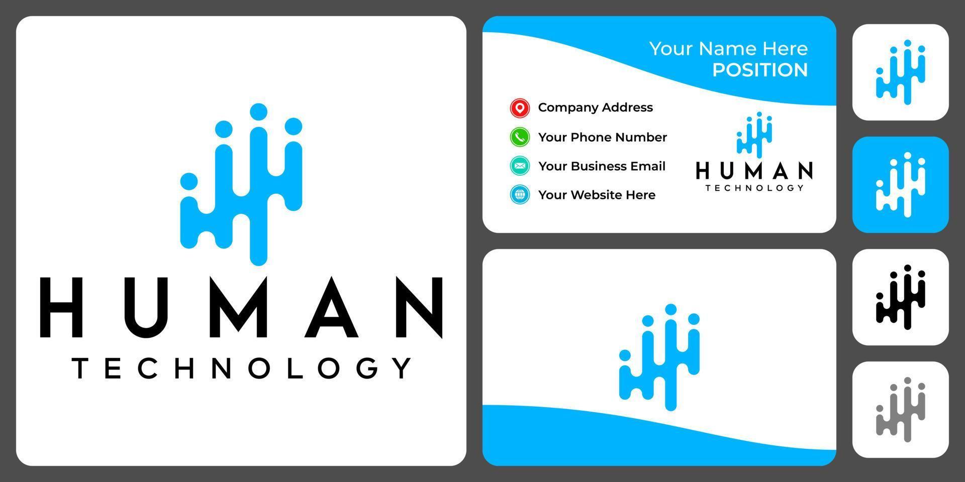 Human technology logo design with business card template. vector