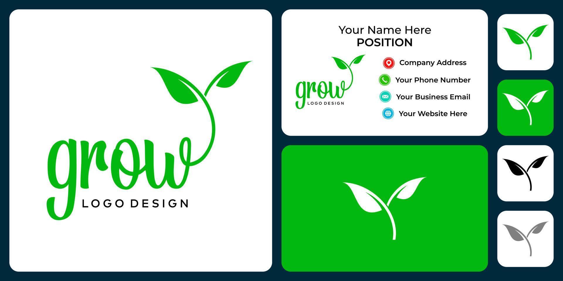 Grow wordmark logo design with business card template. vector