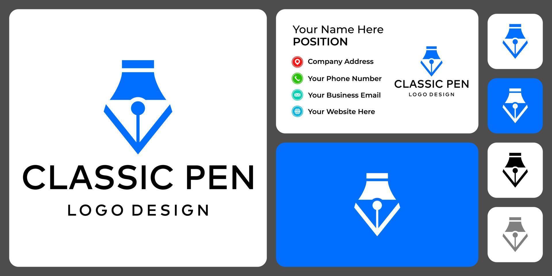 Classic pen logo design with business card template. vector