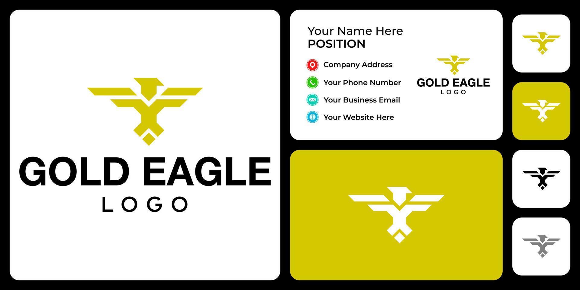 Golden eagle logo design with business card template. vector