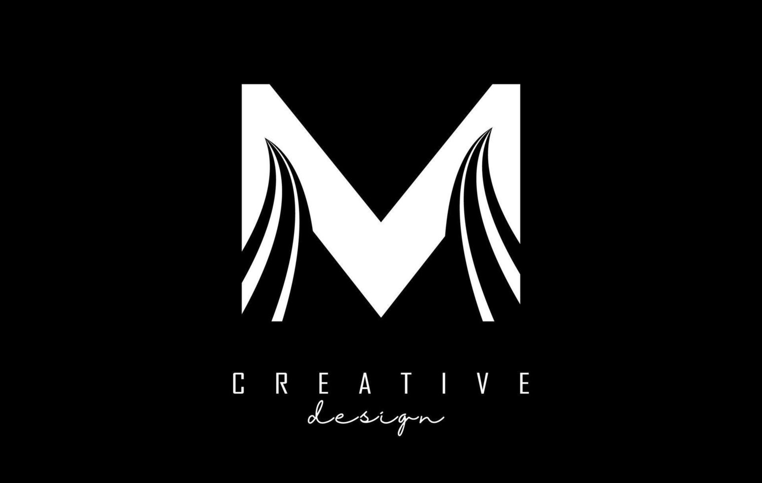 White letter M logo with leading lines and road concept design. Letter M with geometric design. vector