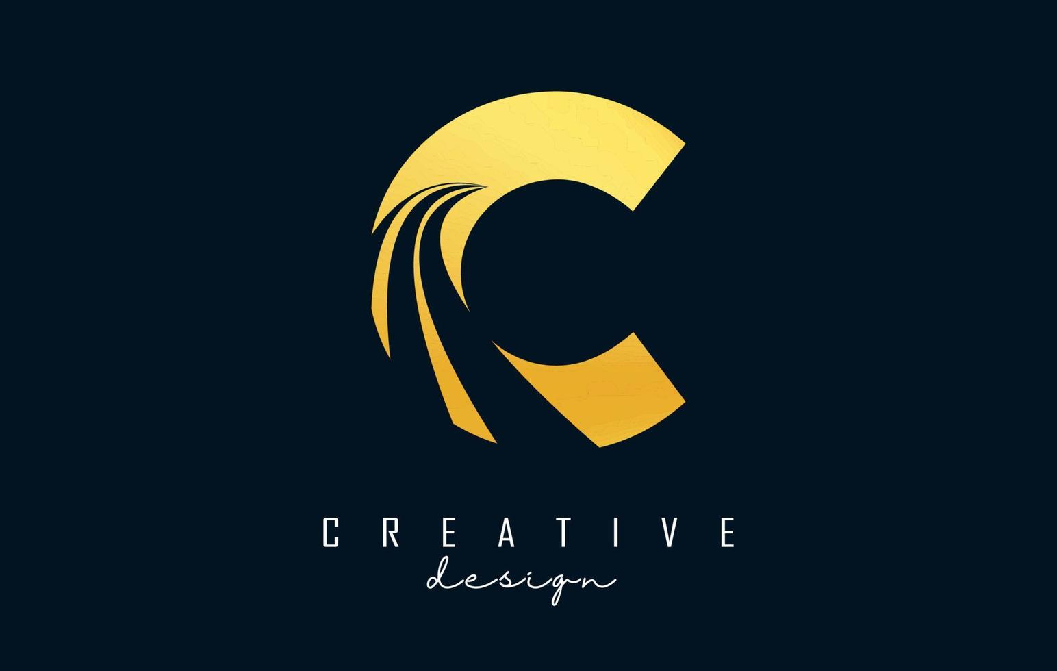 Creative golden letter C logo with leading lines and road concept design. Letter C with geometric design. vector