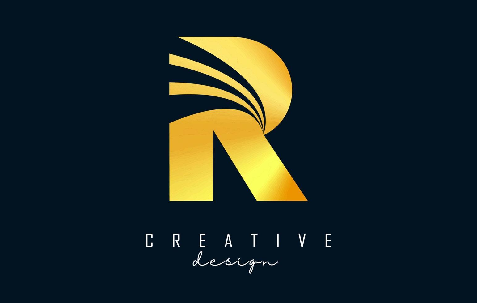 Creative golden letter R logo with leading lines and road concept design. Letter R with geometric design. vector