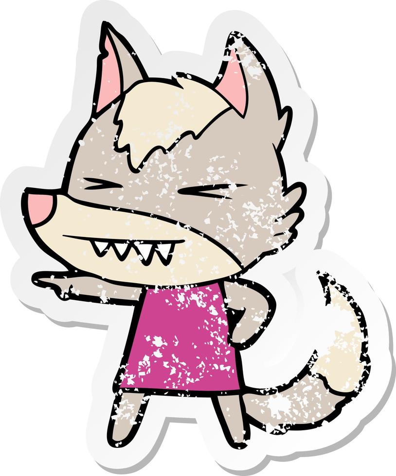 distressed sticker of a angry wolf cartoon vector