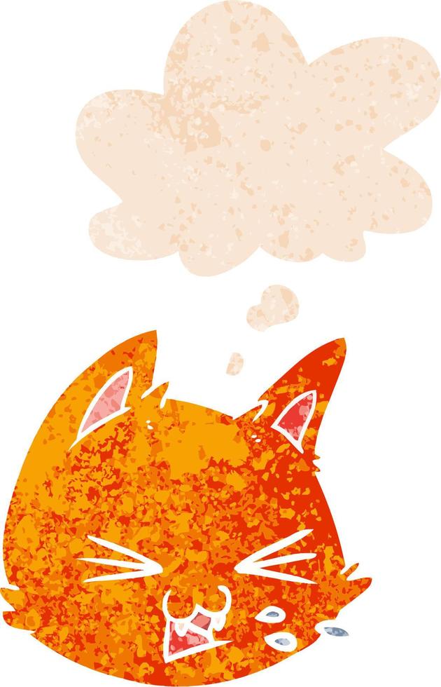 spitting cartoon cat face and thought bubble in retro textured style vector