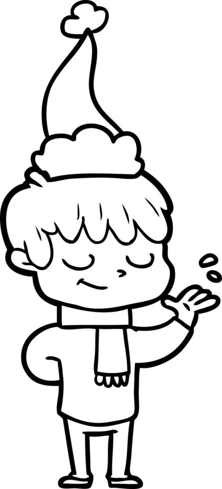 line drawing of a happy boy wearing santa hat vector