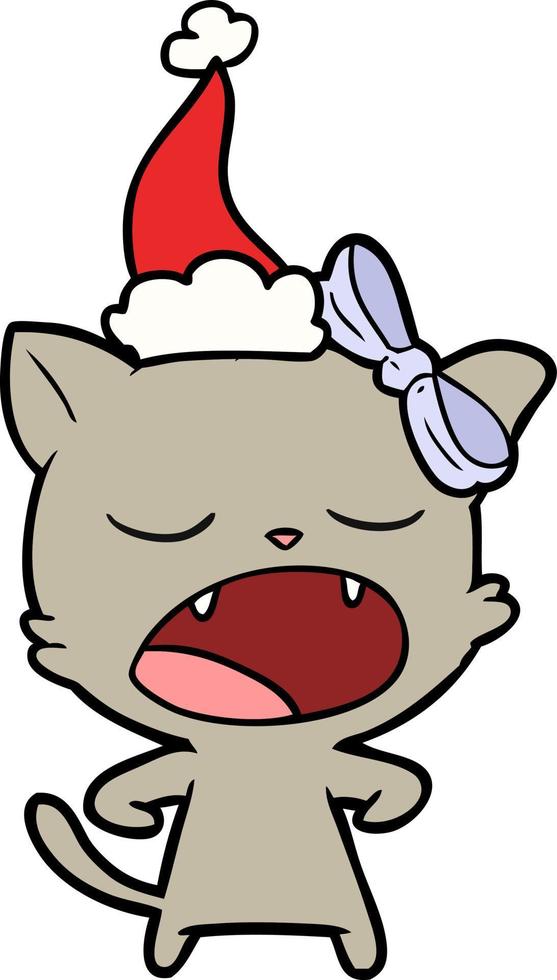 line drawing of a yawning cat wearing santa hat vector