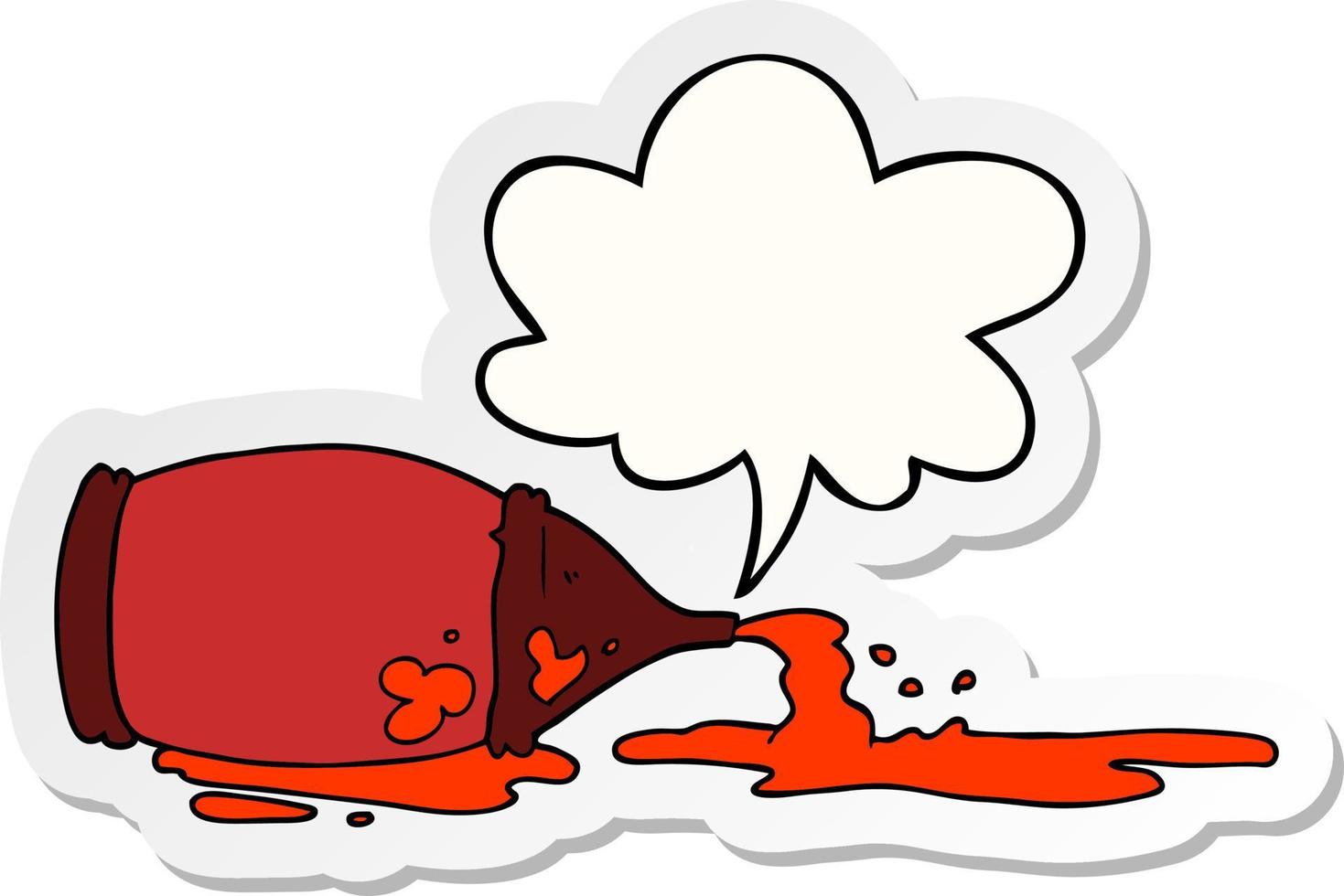 cartoon spilled ketchup bottle and speech bubble sticker vector