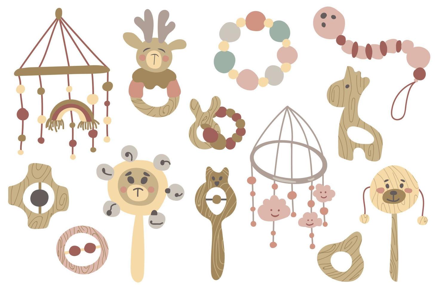 Cute drawn set of children's natural toys. White background, isolate. Vector illustration.