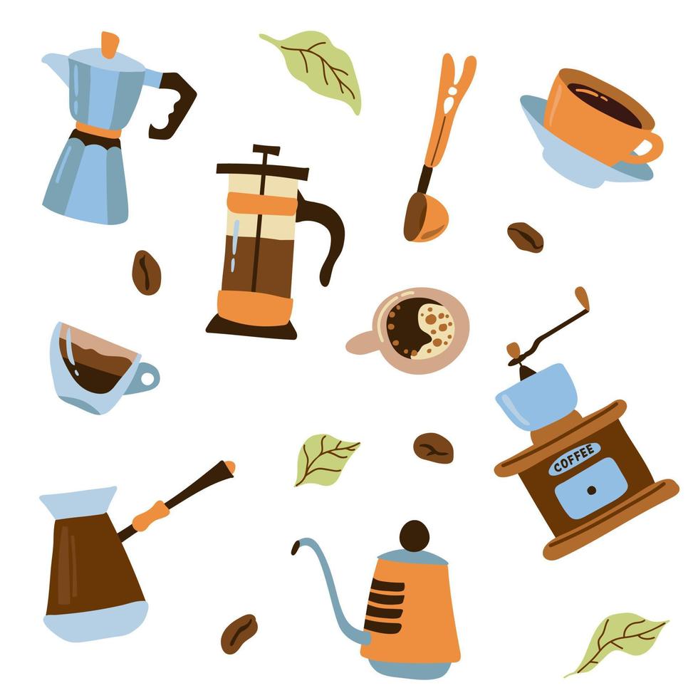 Hand drawn coffee set. White background, isolate. Vector illustration.