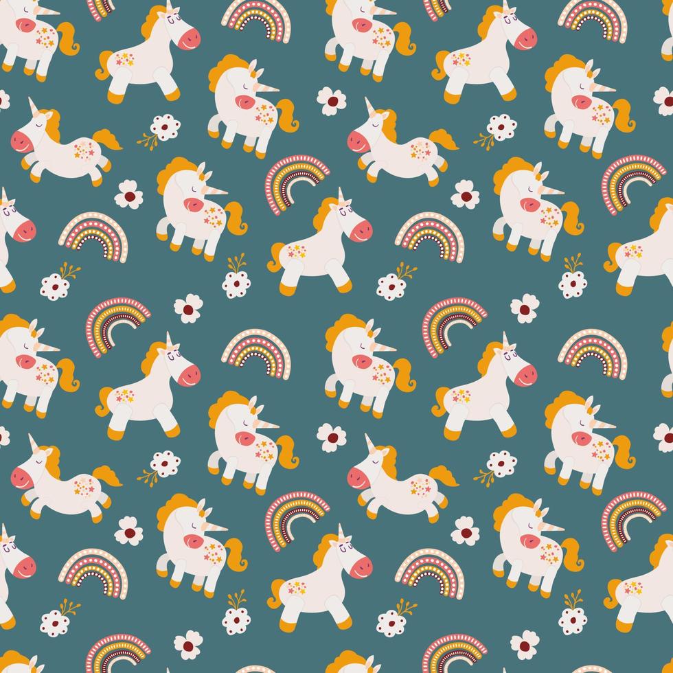 Seamless pattern with unicorns, flowers and rainbows. vector