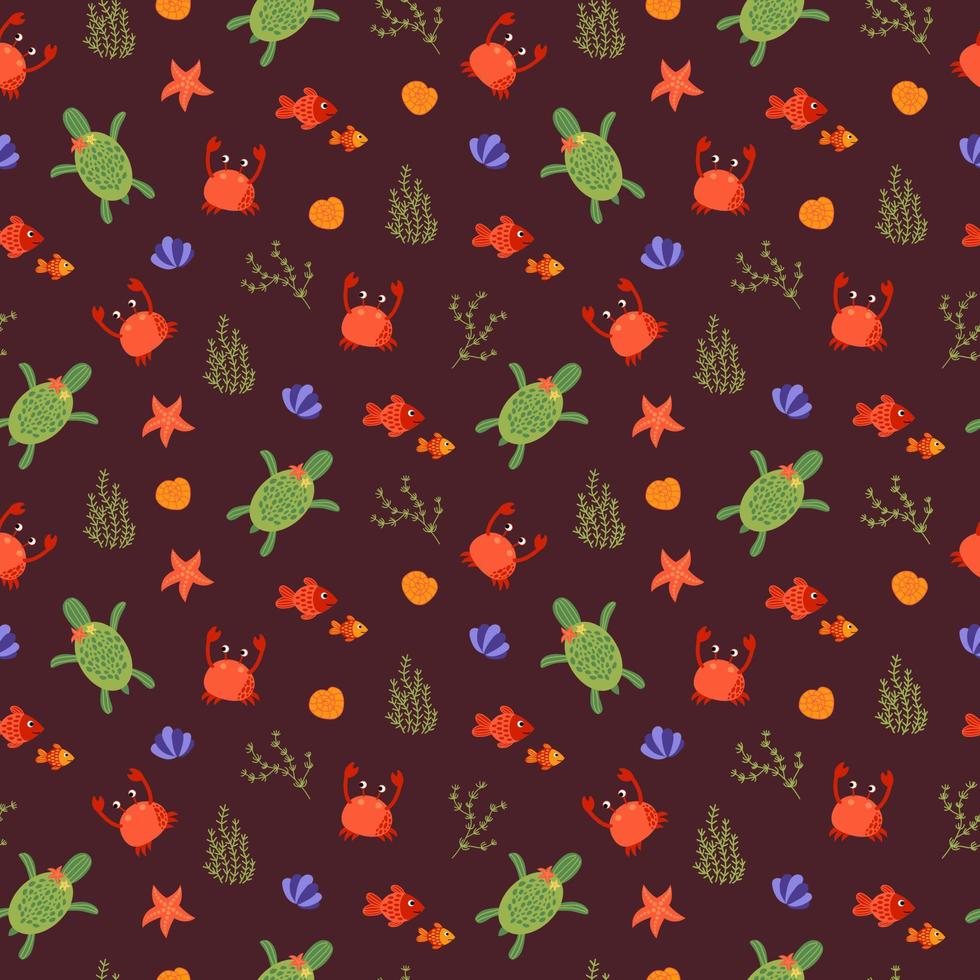 Seamless pattern with turtles, crabs and fishes. vector