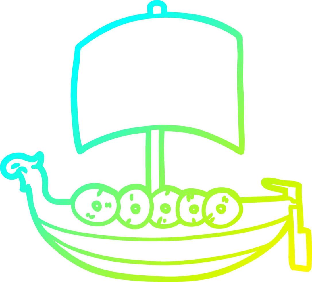 barco vikingo de dibujos animados de dibujo de línea de gradiente frío vector