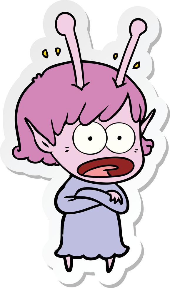 sticker of a cartoon shocked alien girl vector