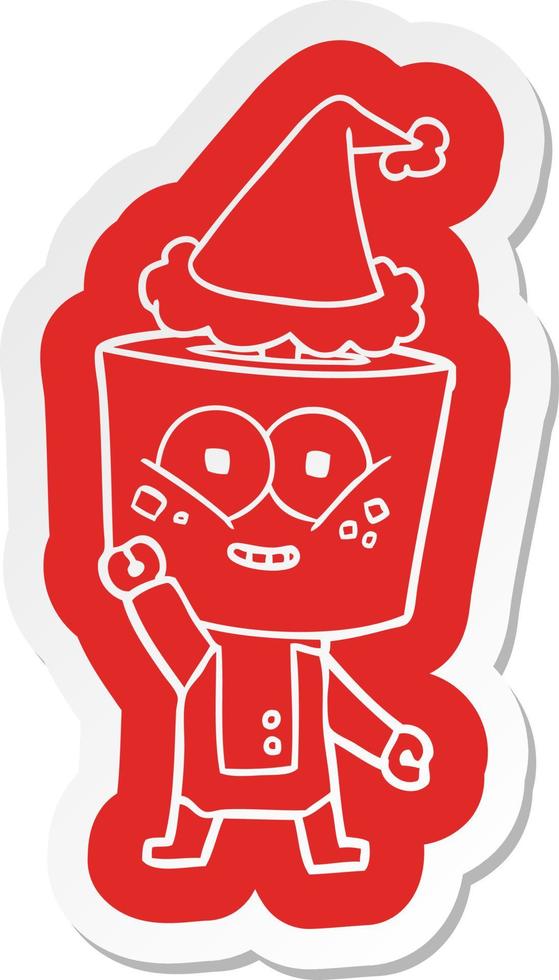 happy cartoon  sticker of a robot waving hello wearing santa hat vector