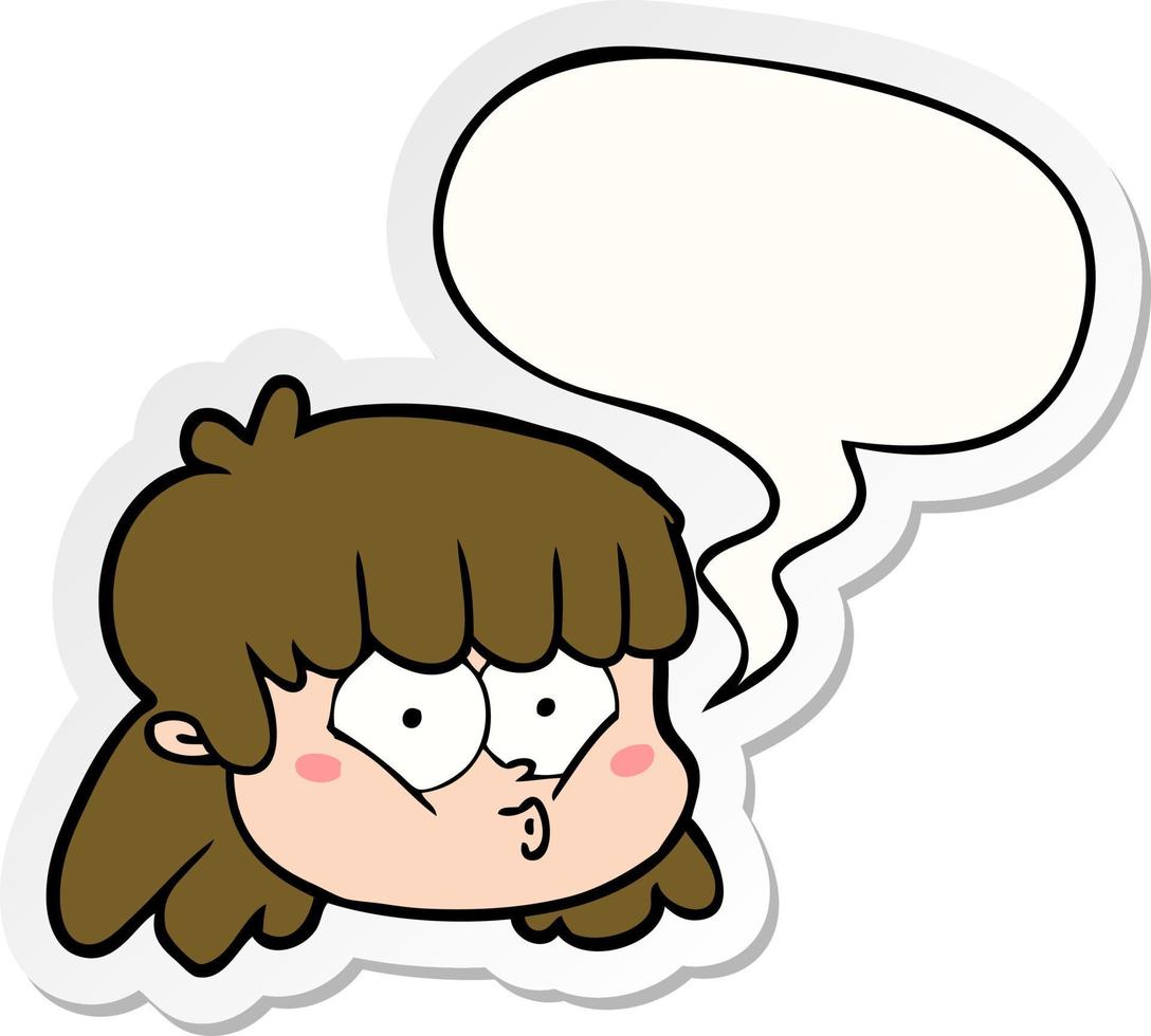 cartoon female face and speech bubble sticker vector