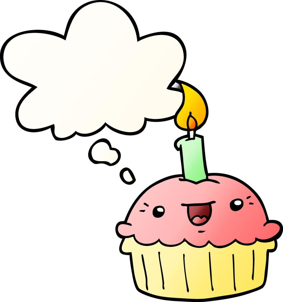 cupcake de dibujos animados con vela y burbuja de pensamiento en un estilo degradado suave vector