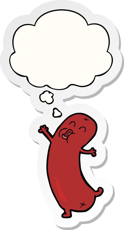 cartoon dancing sausage and thought bubble as a printed sticker vector