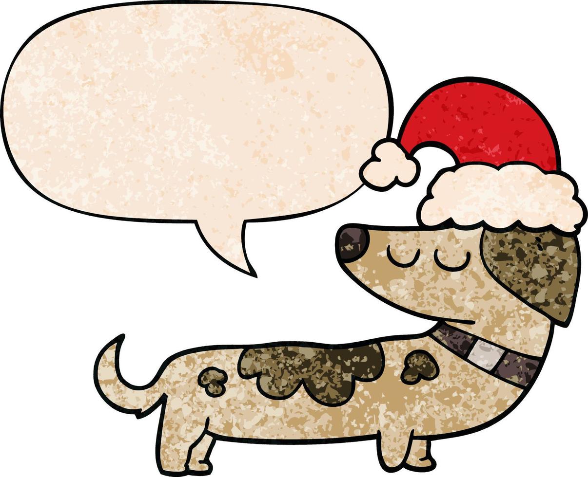 cartoon dog wearing christmas hat and speech bubble in retro texture style vector