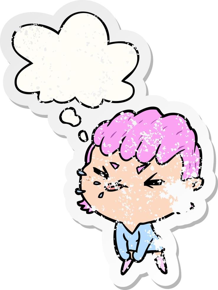 cartoon rude girl and thought bubble as a distressed worn sticker vector