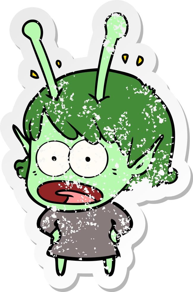 distressed sticker of a cartoon shocked alien girl vector