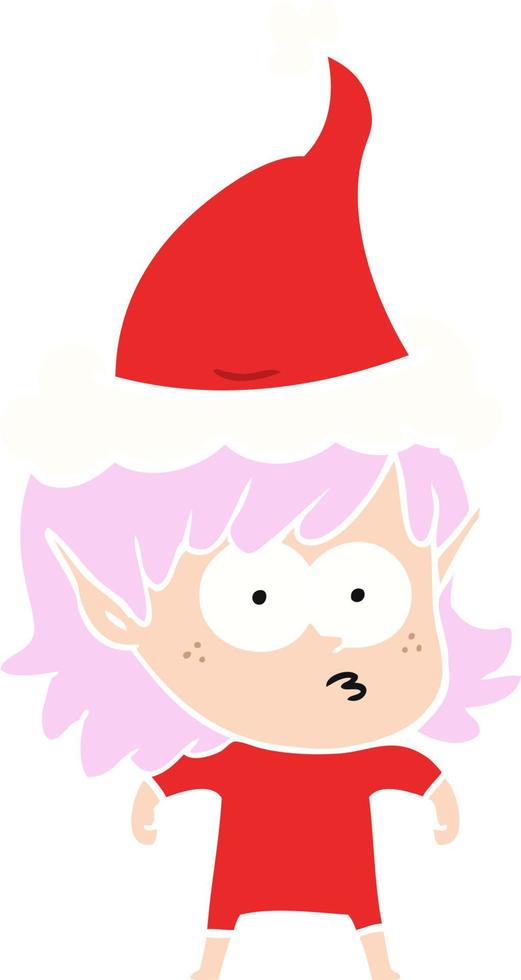 flat color illustration of a elf girl staring wearing santa hat vector