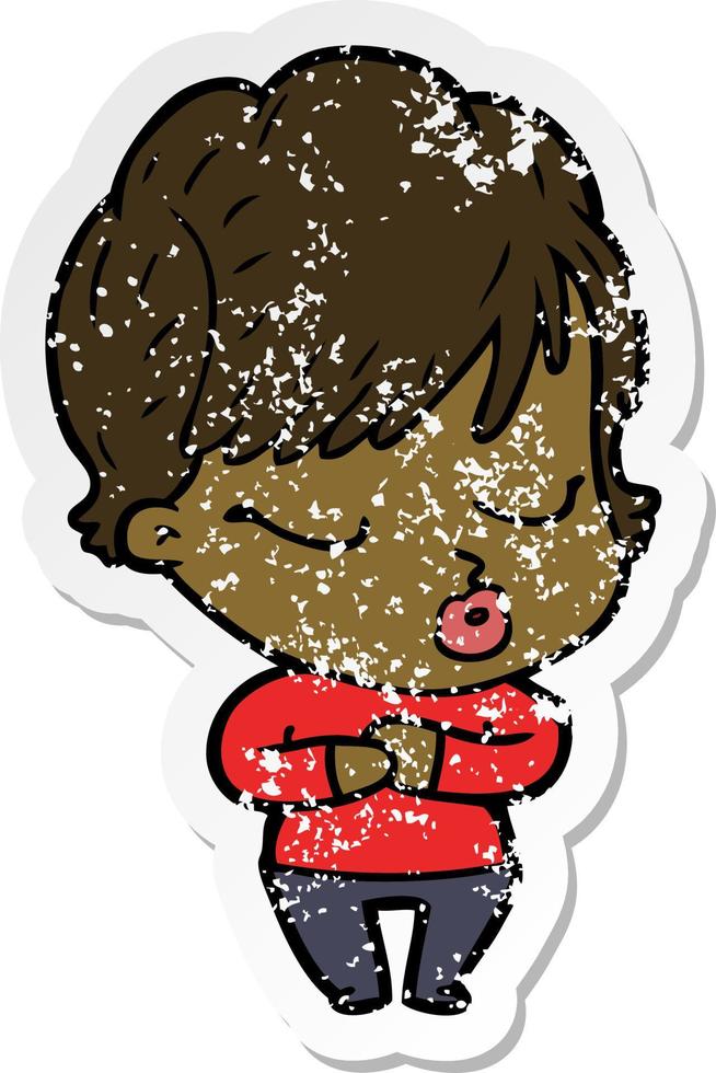 distressed sticker of a cartoon woman with eyes shut vector
