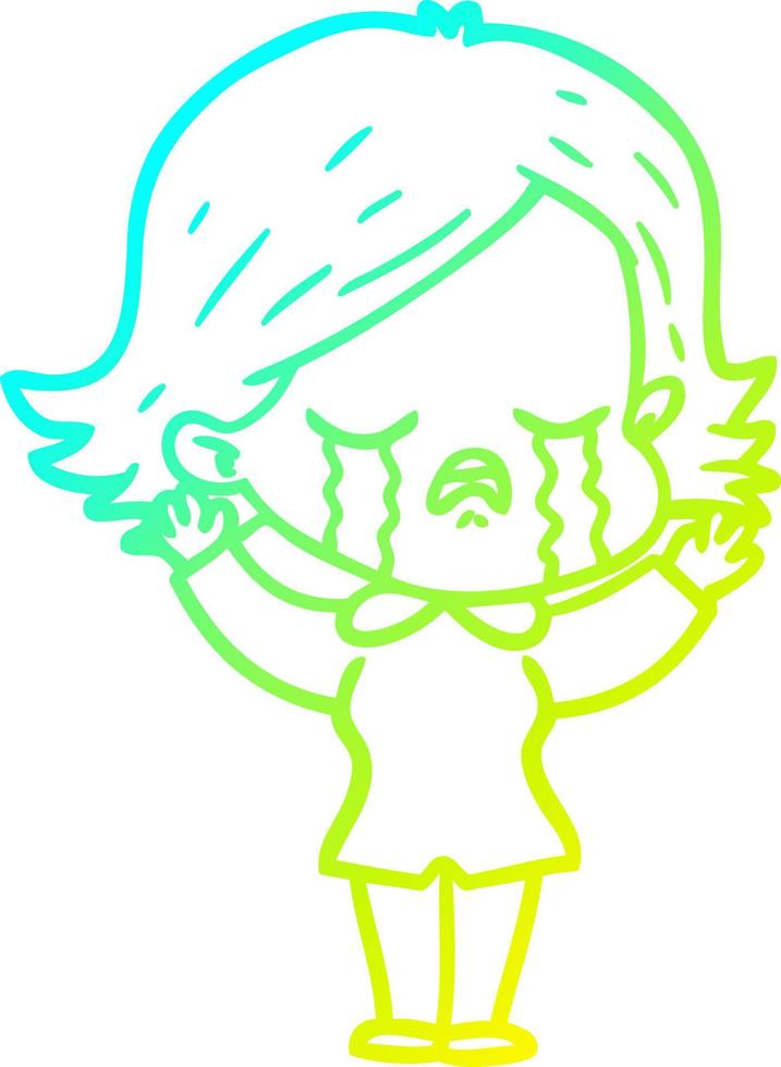 cold gradient line drawing cartoon girl crying vector