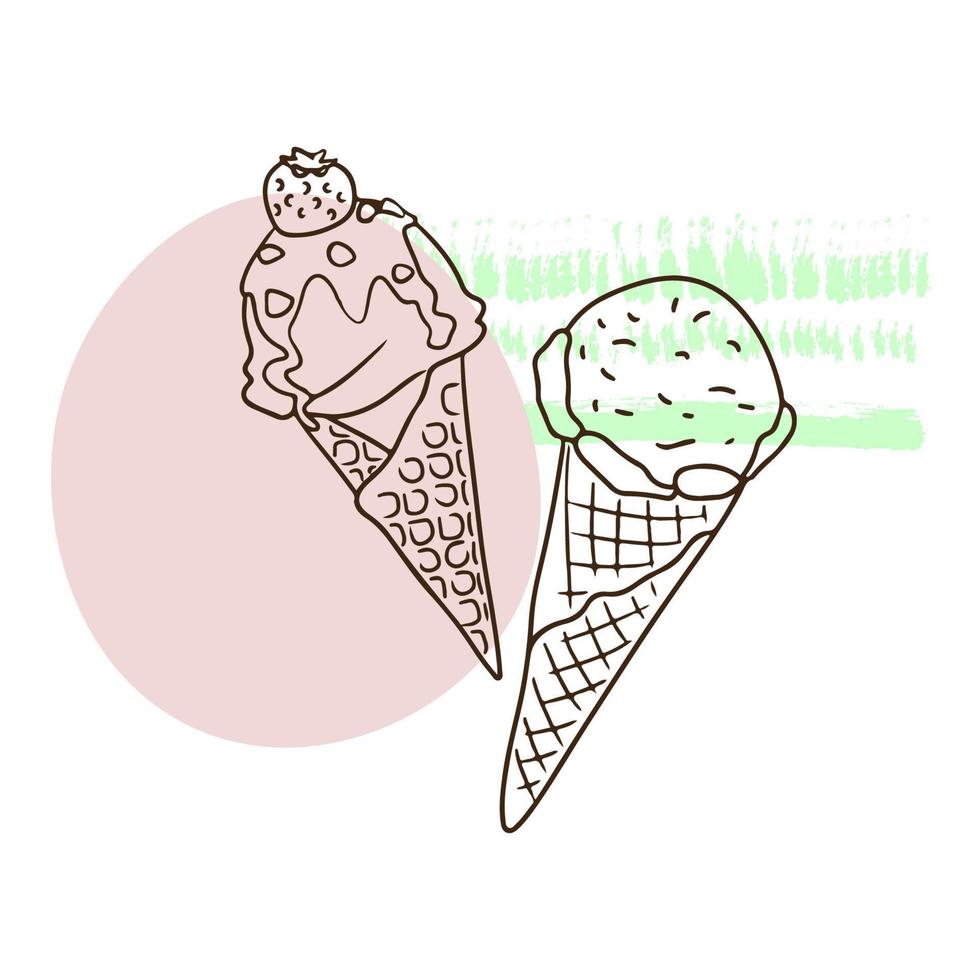 Pair of ice cream, sweet cream, frozen juice, doodle style vector