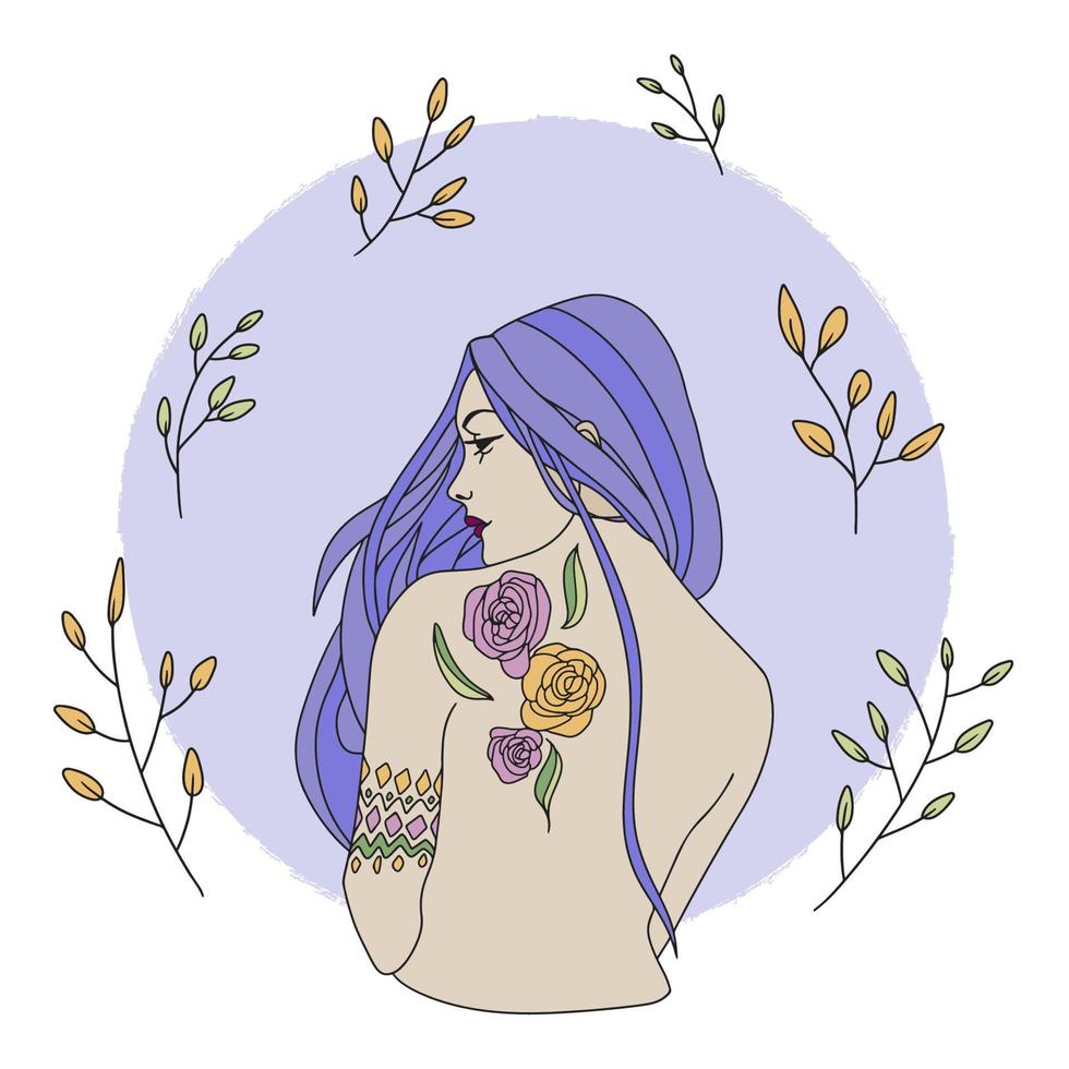 Beautiful girl with long hair with tattoos vector