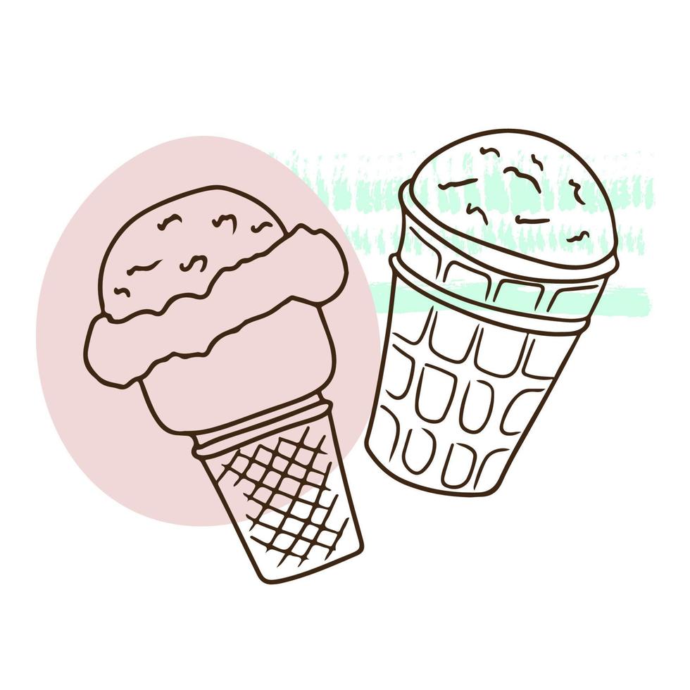 Pair of ice cream, sweet cream, frozen juice, doodle style vector