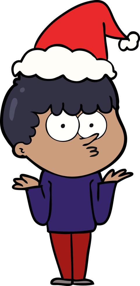 line drawing of a curious boy shrugging shoulders wearing santa hat vector