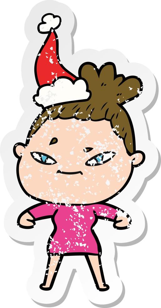 pegatina angustiada caricatura de una mujer con gorro de Papá Noel vector