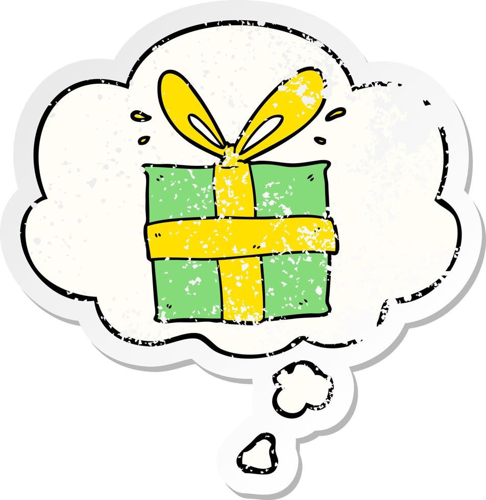 cartoon wrapped gift and thought bubble as a distressed worn sticker vector