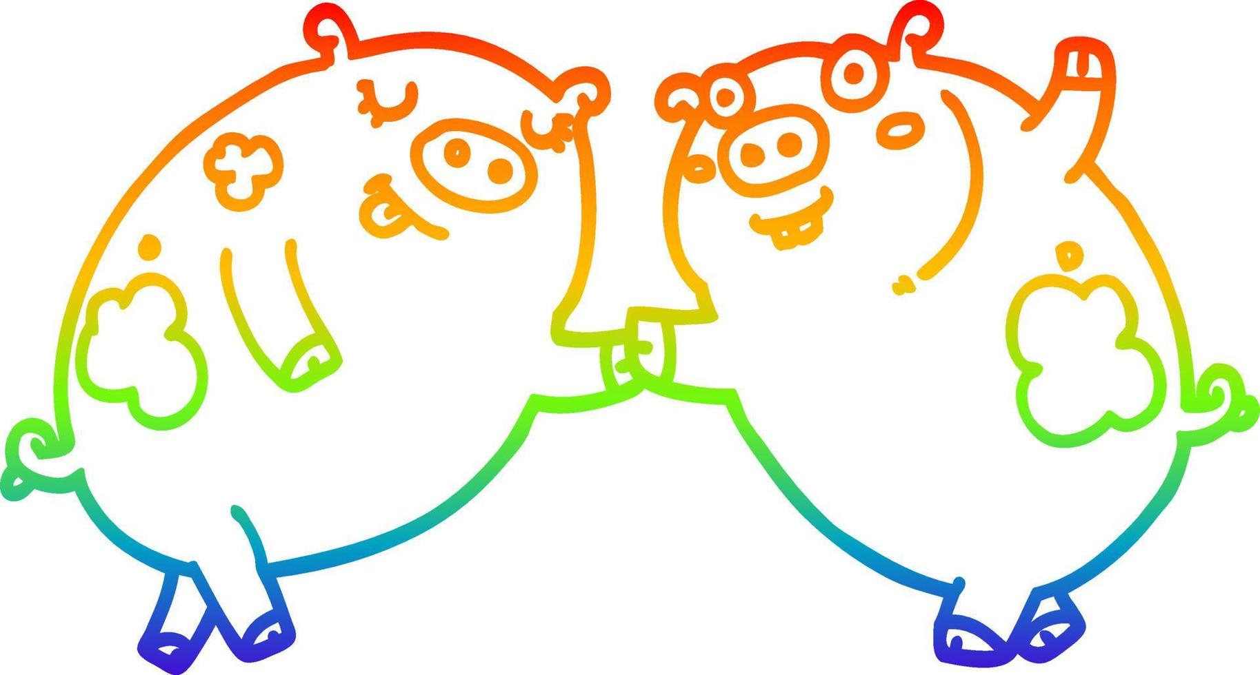 rainbow gradient line drawing cartoon pigs dancing vector
